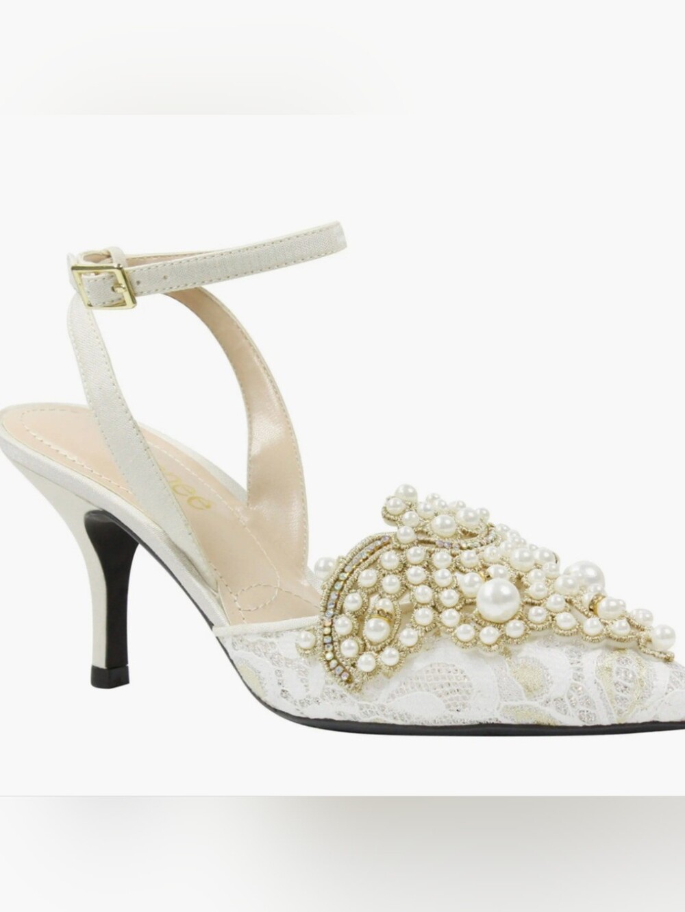 J. Renee Desdemona Floral Lace Detail Pearl-Embellished Nude Pointed-Toe Heels